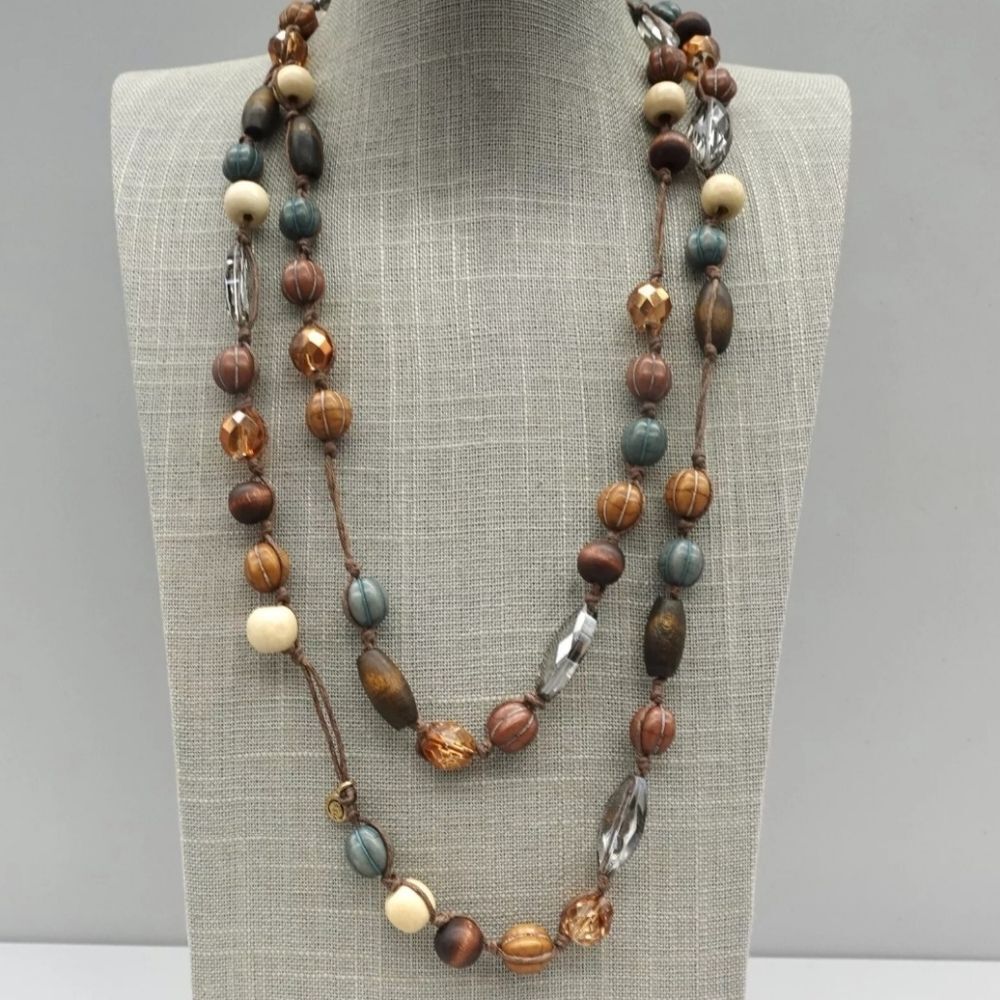 C1946 Necklace Boho Southwest Earth Tones Wood Beaded Long Strand 48 Inches